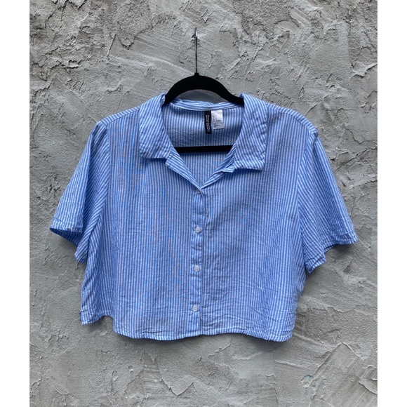 H&M Seersucker Crop Top | Cotton, Large, Divided, Summer, Light Weight, Coastal - Picture 2 of 9